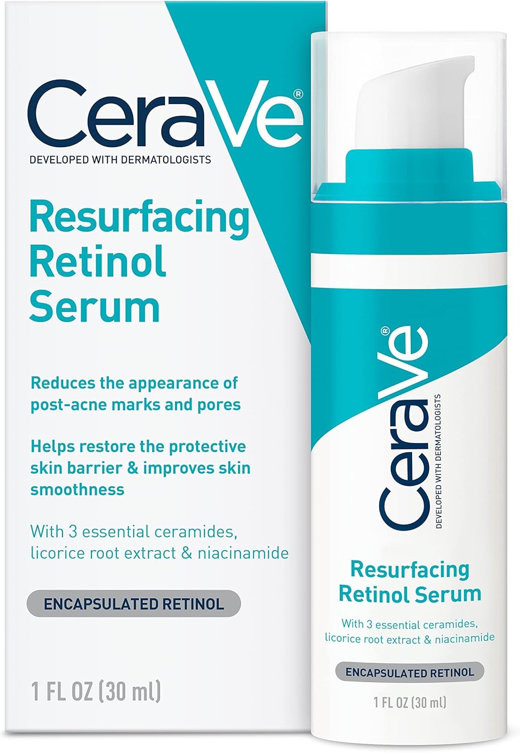 CeraVe Retinol Serum for Post-Acne Marks & Skin Texture | Resurfacing, Pore Refining, Brightening Facial Treatment | 1 Oz 30ml