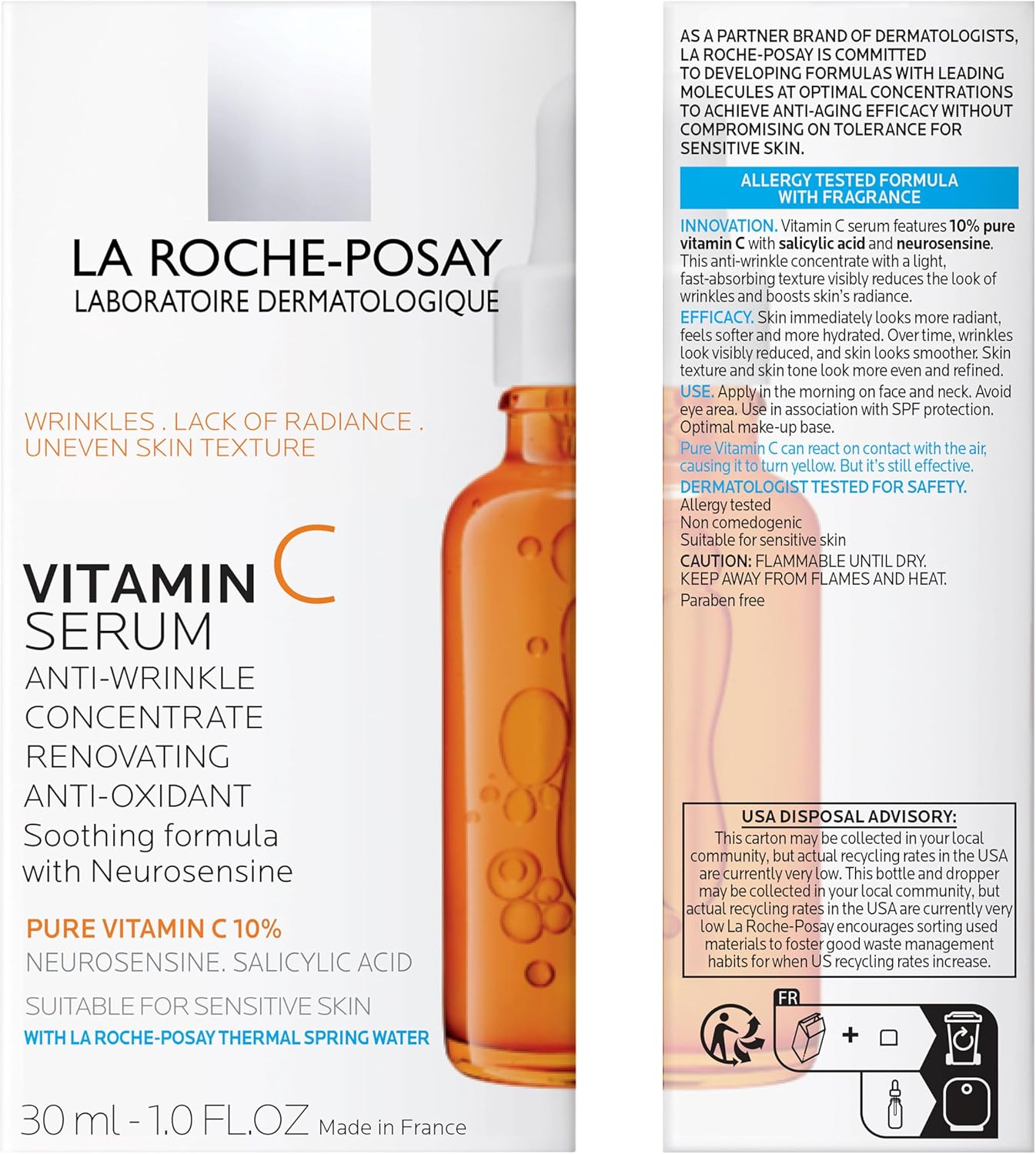 La Roche-Posay Pure Vitamin C10 Serum 10% – Antioxidant Anti-Aging Facial Serum for Sensitive Skin, Brightening Dark Spot Corrector & Wrinkle Reduction, Fragrance-Free, Dermatologist-Tested, 30ml