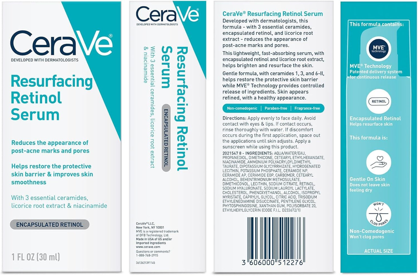 CeraVe Retinol Serum for Post-Acne Marks & Skin Texture | Resurfacing, Pore Refining, Brightening Facial Treatment | 1 Oz 30ml